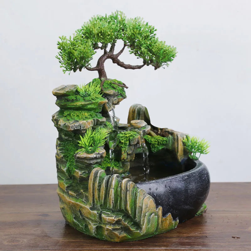 Feng Shui Bonsai Water Fountain – LED Mist Tabletop Decor for Office & Wealth Energy