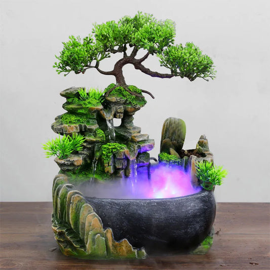 Feng Shui Bonsai Water Fountain – LED Mist Tabletop Decor for Office & Wealth Energy