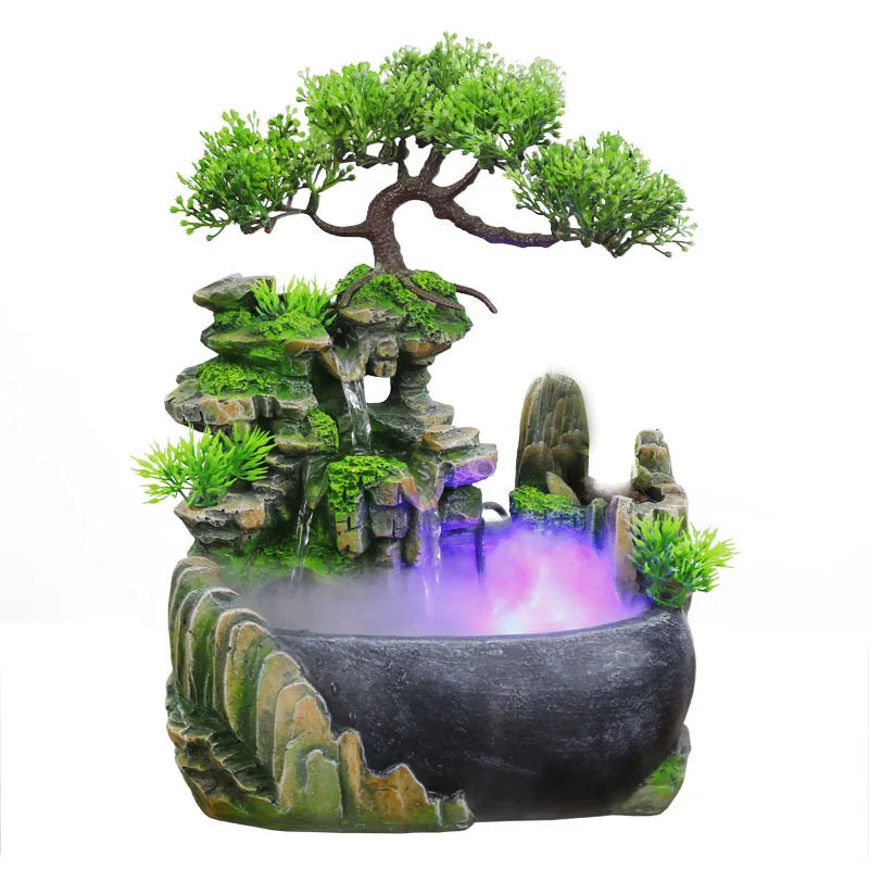 Feng Shui Bonsai Water Fountain – LED Mist Tabletop Decor for Office & Wealth Energy