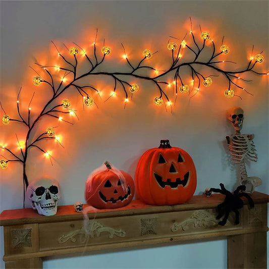 Halloween Black Willow Vine Garland – 8-Mode LED String Lights with Bats & Auto Timer