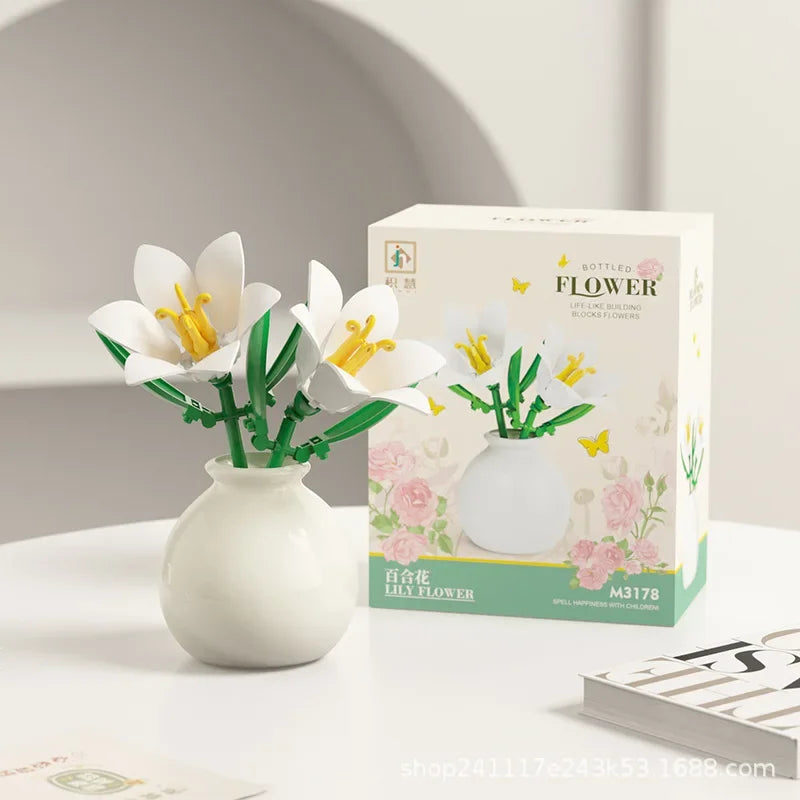 Building block pot plant bouquet of flowers, roses, lily building blocks, toys with flower pots, cute living room ornaments gift