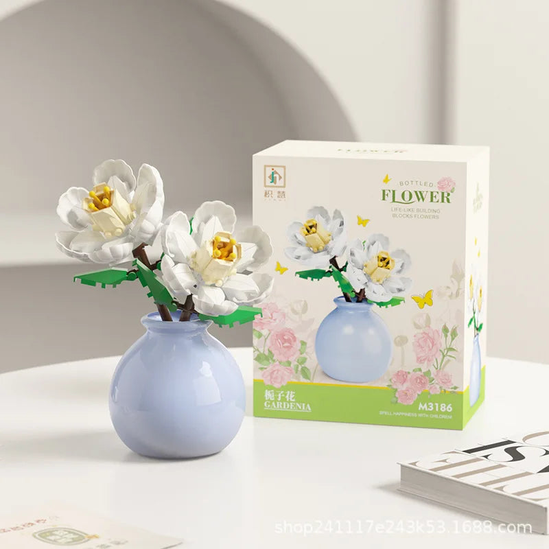 Building block pot plant bouquet of flowers, roses, lily building blocks, toys with flower pots, cute living room ornaments gift