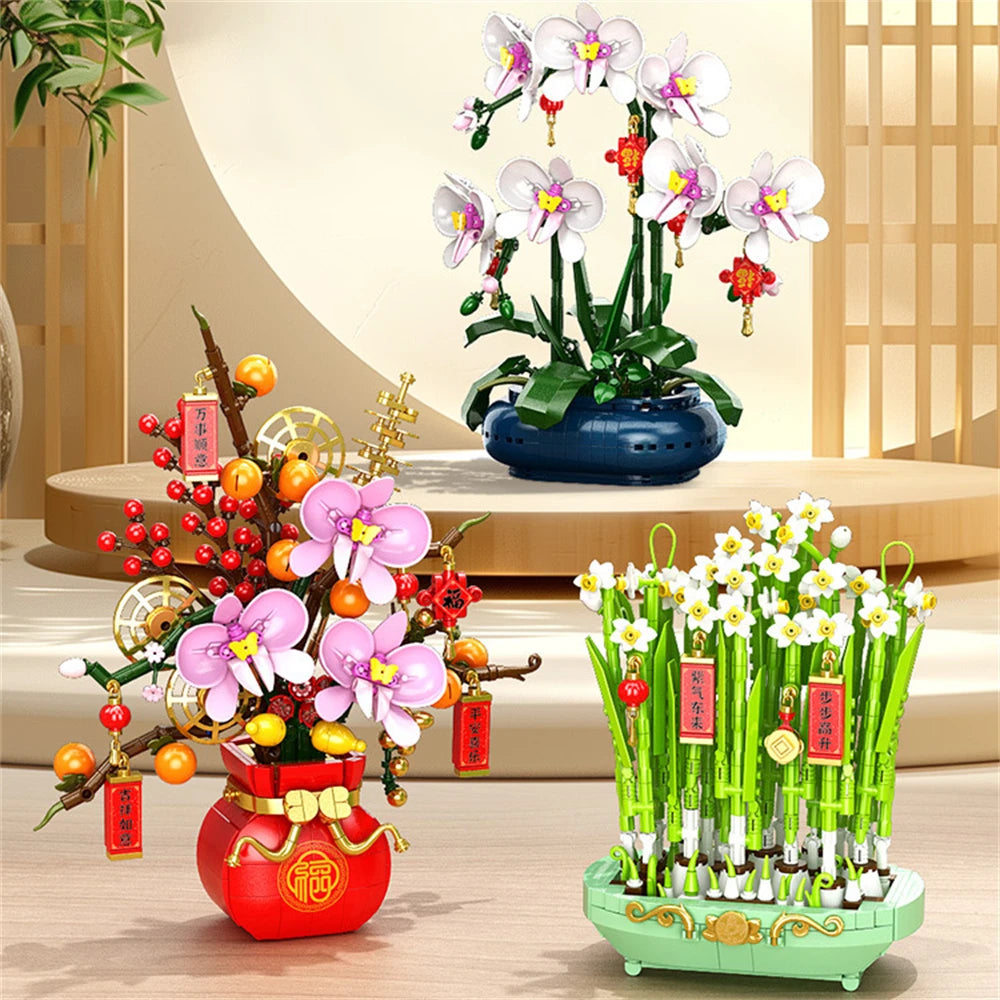 City Creativity Flower Bouquet Peach Blossom Narcissus Bonsai Potted Plant Building Blocks Model Home Decoration Toy For Kids