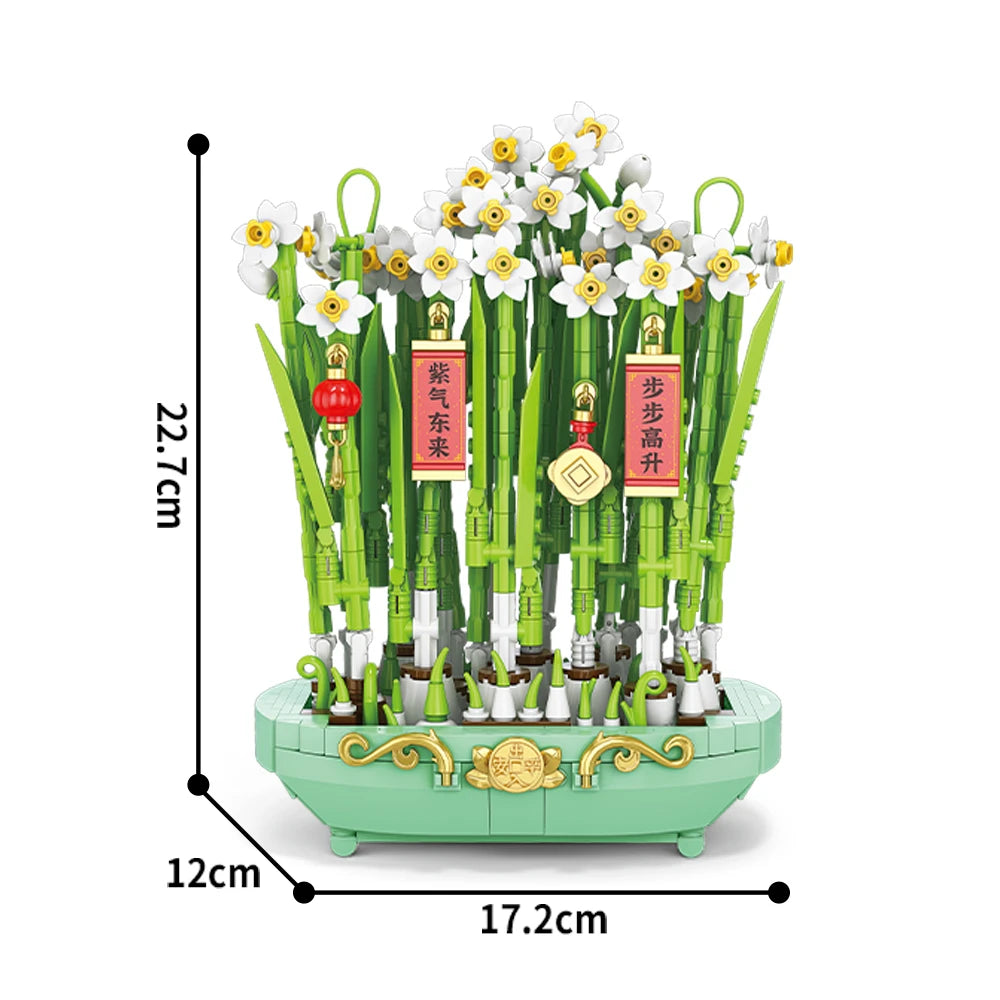 City Creativity Flower Bouquet Peach Blossom Narcissus Bonsai Potted Plant Building Blocks Model Home Decoration Toy For Kids