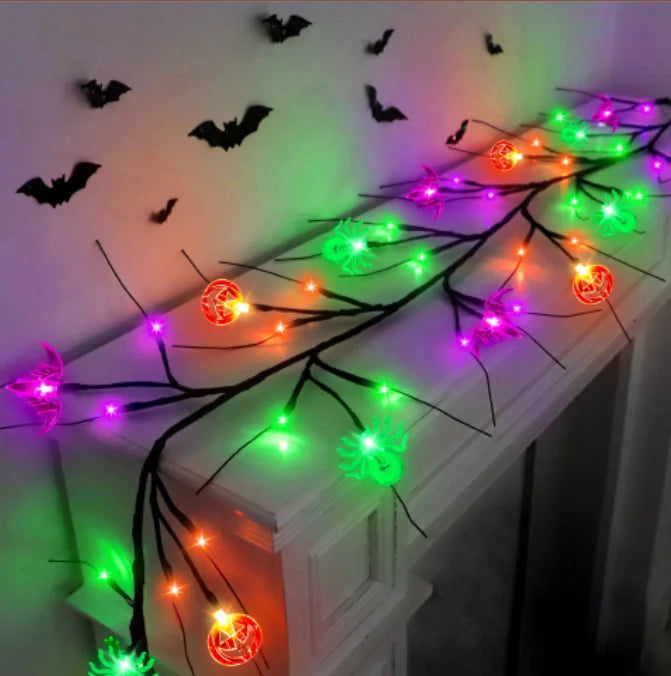 1.8m Halloween Black Willow Vine LED String Lights – 54 LEDs with Bat, Spider & Pumpkin Decor | Spooky Indoor/Outdoor Lighting