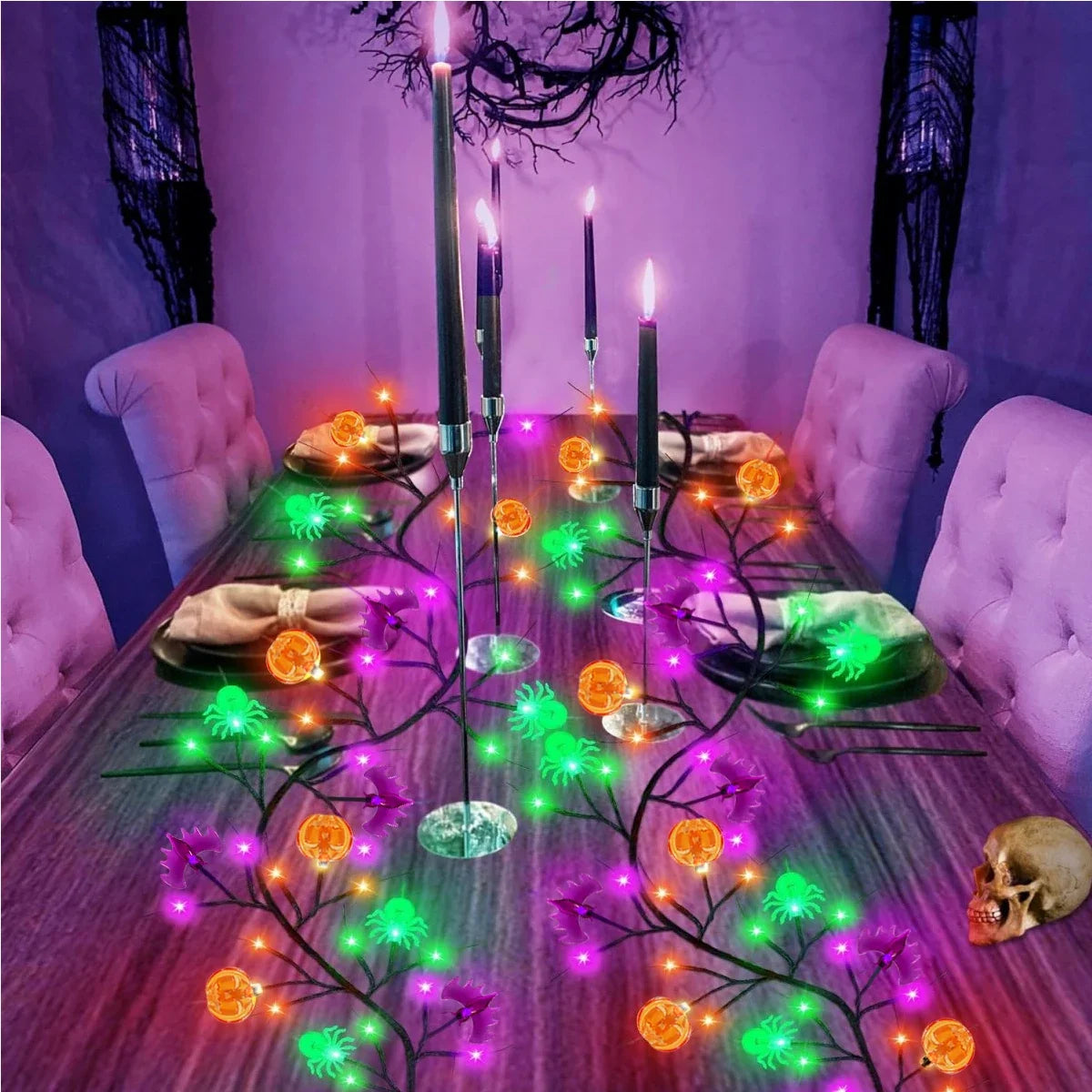 1.8m Halloween Black Willow Vine LED String Lights – 54 LEDs with Bat, Spider & Pumpkin Decor | Spooky Indoor/Outdoor Lighting