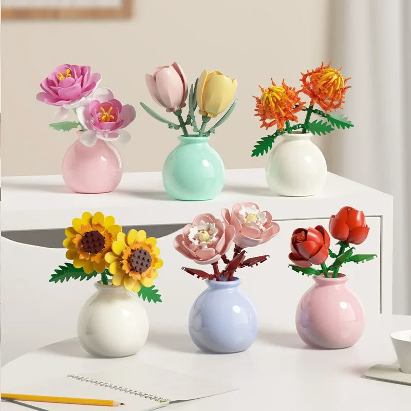 Building block pot plant bouquet of flowers, roses, lily building blocks, toys with flower pots, cute living room ornaments gift