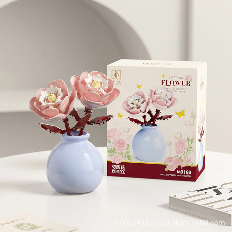 Building block pot plant bouquet of flowers, roses, lily building blocks, toys with flower pots, cute living room ornaments gift
