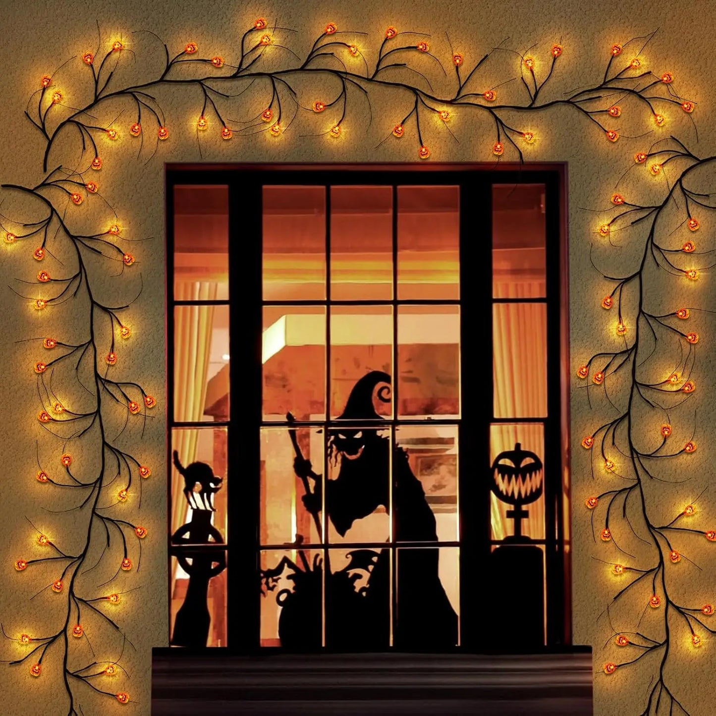 Halloween Black Willow Vine Garland – 8-Mode LED String Lights with Bats & Auto Timer