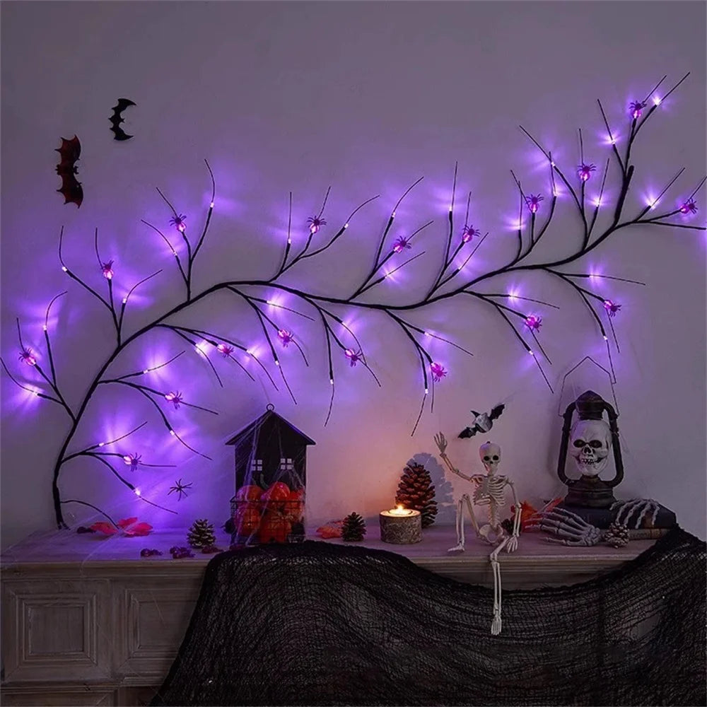 Halloween Black Willow Vine Garland – 8-Mode LED String Lights with Bats & Auto Timer