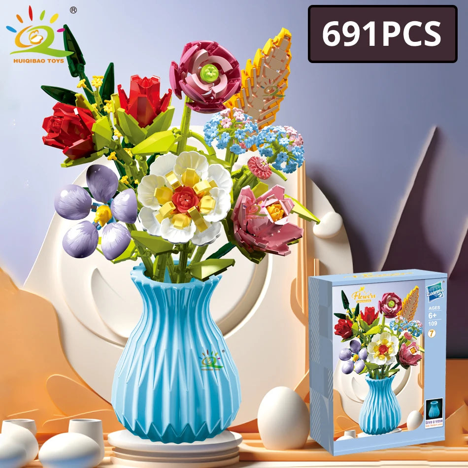 HUIQIBAO MOC Flower Model Building Blocks 3D Bouquet Plants Sunflower Rose Bricks Kits Children DIY Educational Toys Home Decor