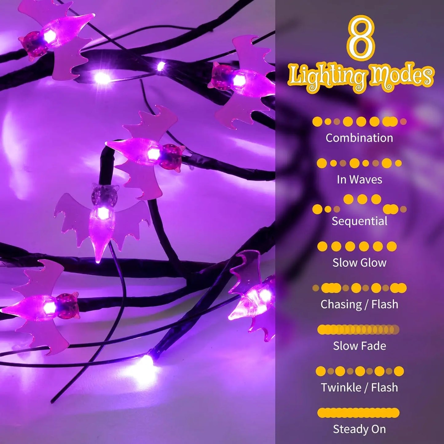 Halloween Black Willow Vine Garland – 8-Mode LED String Lights with Bats & Auto Timer