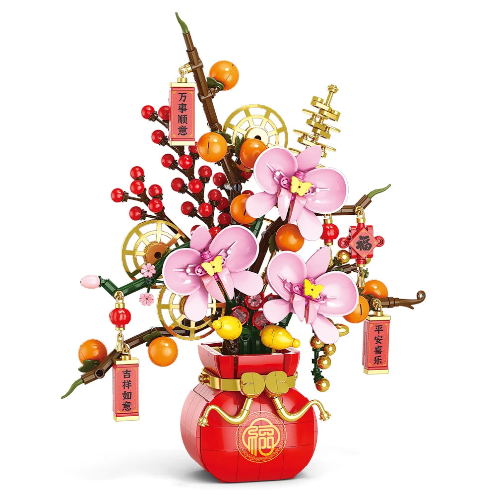 City Creativity Flower Bouquet Peach Blossom Narcissus Bonsai Potted Plant Building Blocks Model Home Decoration Toy For Kids