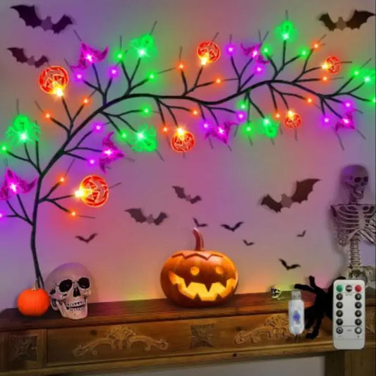 1.8m Halloween Black Willow Vine LED String Lights – 54 LEDs with Bat, Spider & Pumpkin Decor | Spooky Indoor/Outdoor Lighting