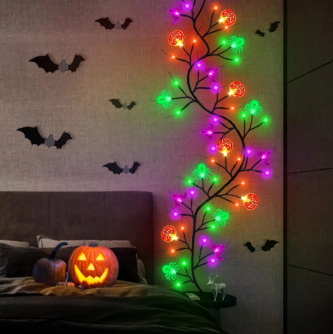 1.8m Halloween Black Willow Vine LED String Lights – 54 LEDs with Bat, Spider & Pumpkin Decor | Spooky Indoor/Outdoor Lighting
