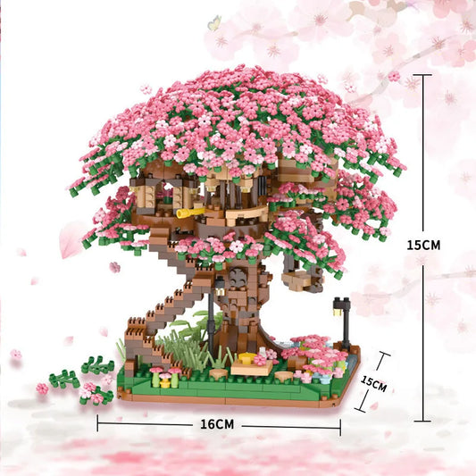 Cherry Blossom Treehouse Building Block Set – Sakura Bonsai Botanical Kit for Adults & Teens | DIY Home Decor Toy