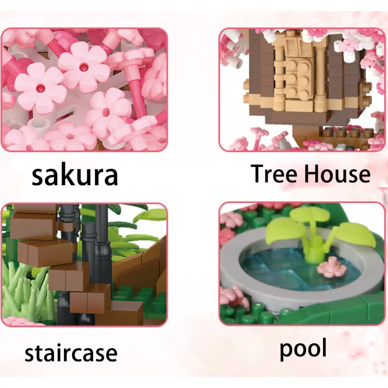 Cherry Blossom Treehouse Building Block Set – Sakura Bonsai Botanical Kit for Adults & Teens | DIY Home Decor Toy