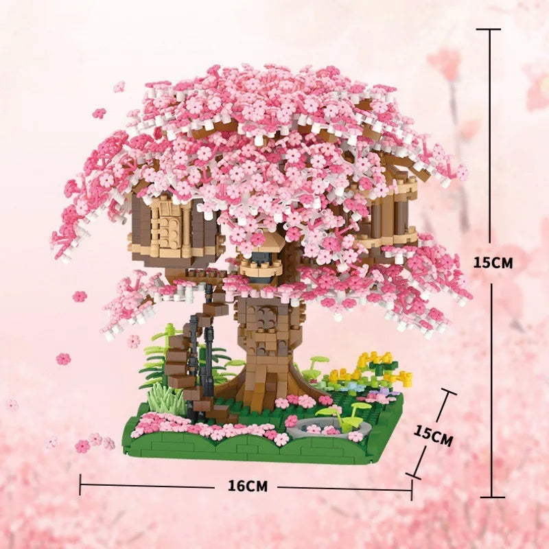 Cherry Blossom Treehouse Building Block Set – Sakura Bonsai Botanical Kit for Adults & Teens | DIY Home Decor Toy