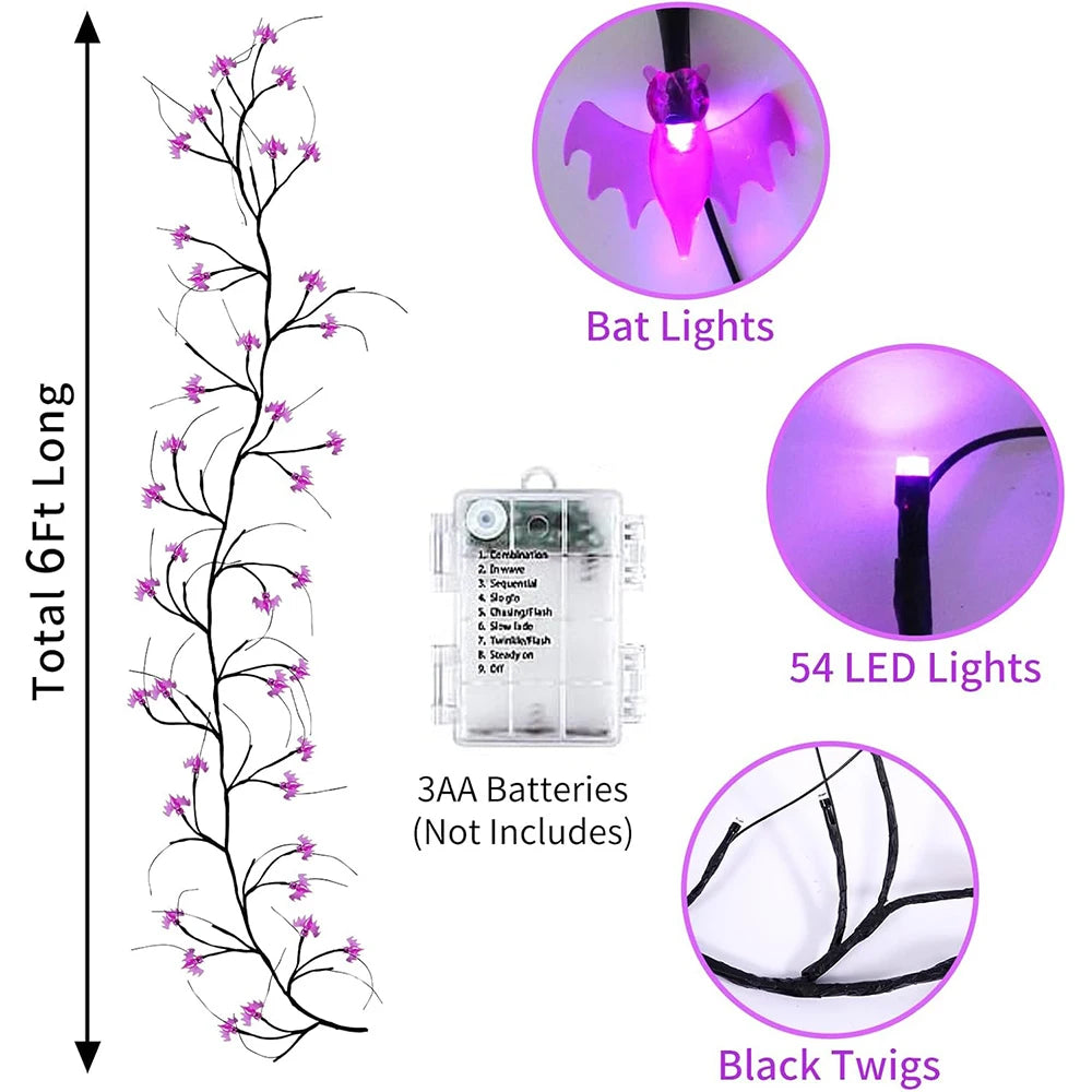 Halloween Black Willow Vine Garland – 8-Mode LED String Lights with Bats & Auto Timer