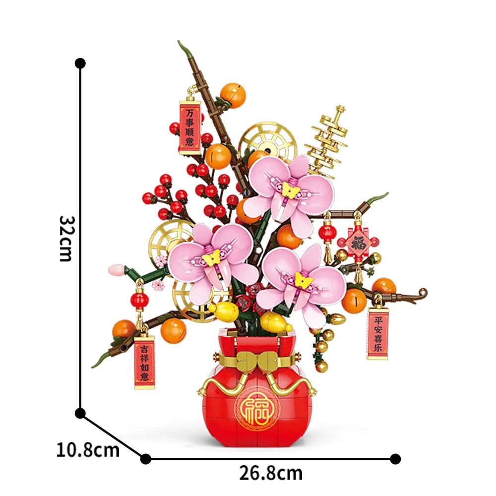 City Creativity Flower Bouquet Peach Blossom Narcissus Bonsai Potted Plant Building Blocks Model Home Decoration Toy For Kids
