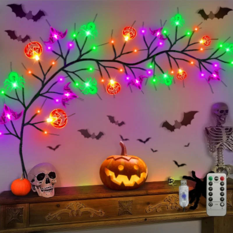 1.8m Halloween Black Willow Vine LED String Lights – 54 LEDs with Bat, Spider & Pumpkin Decor | Spooky Indoor/Outdoor Lighting