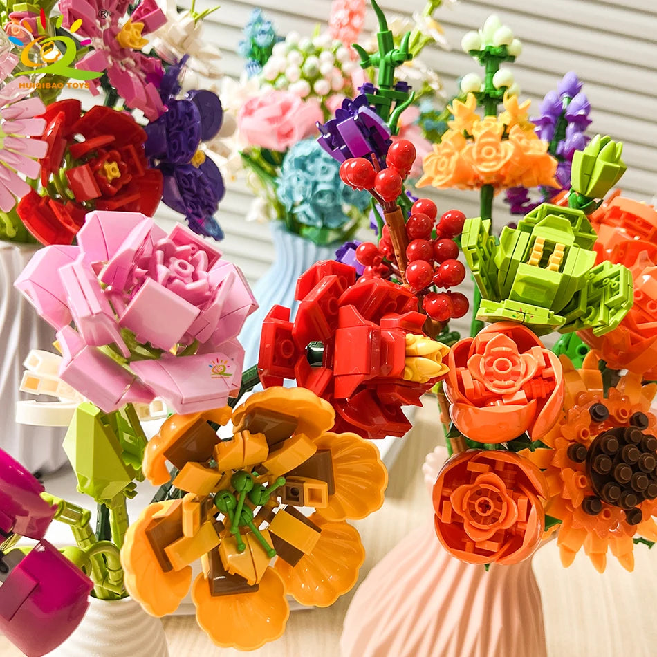 HUIQIBAO MOC Flower Model Building Blocks 3D Bouquet Plants Sunflower Rose Bricks Kits Children DIY Educational Toys Home Decor