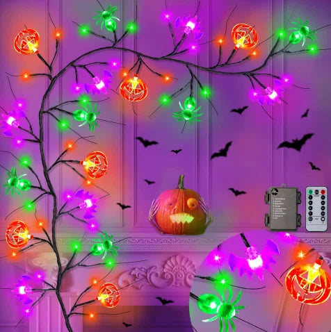 1.8m Halloween Black Willow Vine LED String Lights – 54 LEDs with Bat, Spider & Pumpkin Decor | Spooky Indoor/Outdoor Lighting