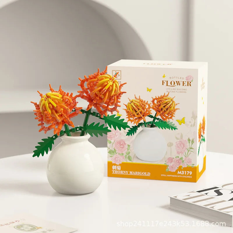 Building block pot plant bouquet of flowers, roses, lily building blocks, toys with flower pots, cute living room ornaments gift