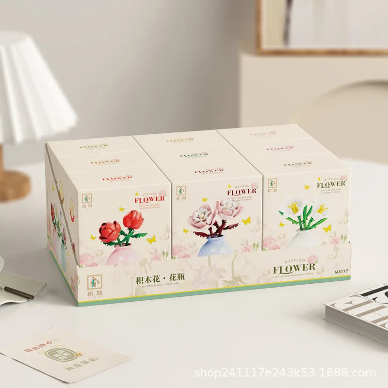 Building block pot plant bouquet of flowers, roses, lily building blocks, toys with flower pots, cute living room ornaments gift