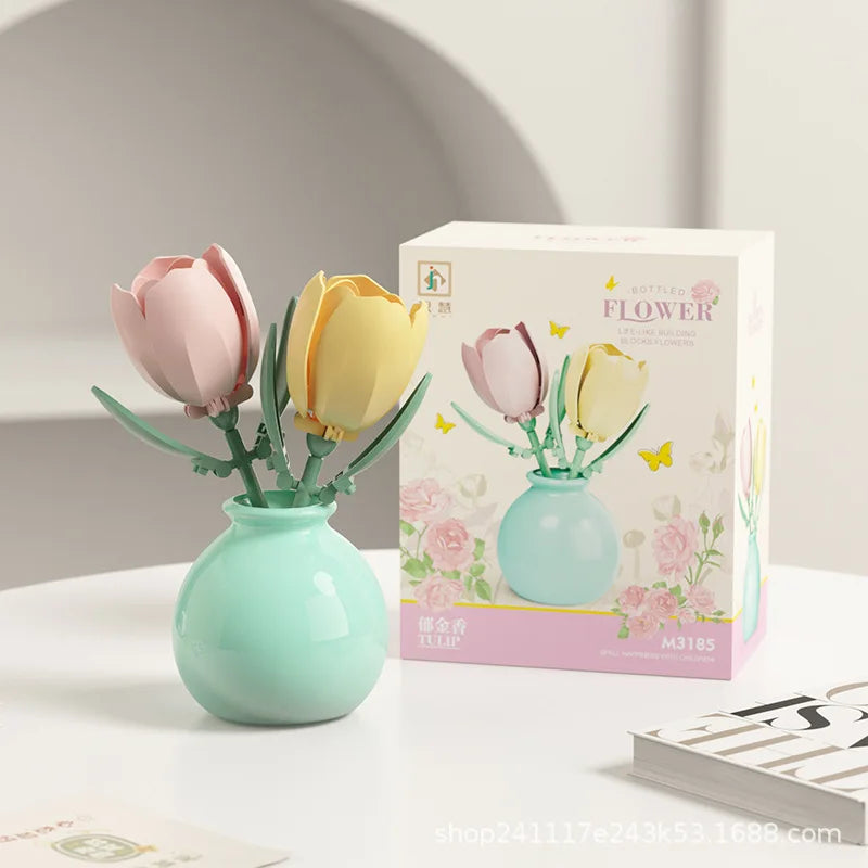 Building block pot plant bouquet of flowers, roses, lily building blocks, toys with flower pots, cute living room ornaments gift