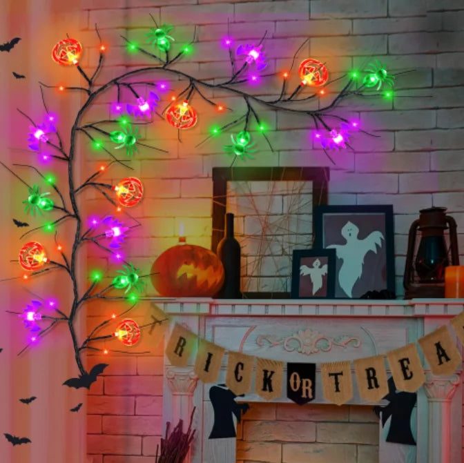 1.8m Halloween Black Willow Vine LED String Lights – 54 LEDs with Bat, Spider & Pumpkin Decor | Spooky Indoor/Outdoor Lighting