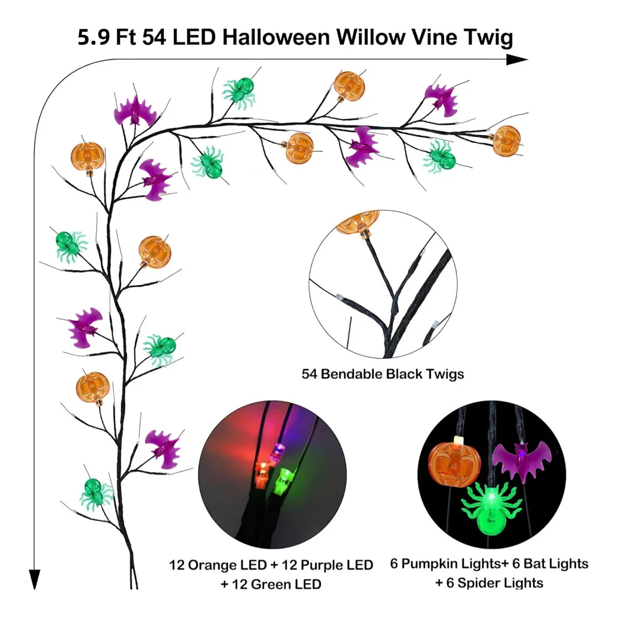 1.8m Halloween Black Willow Vine LED String Lights – 54 LEDs with Bat, Spider & Pumpkin Decor | Spooky Indoor/Outdoor Lighting