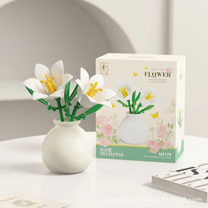 Building block pot plant bouquet of flowers, roses, lily building blocks, toys with flower pots, cute living room ornaments gift