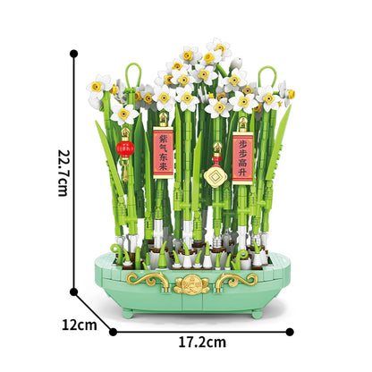 City Creativity Flower Bouquet Peach Blossom Narcissus Bonsai Potted Plant Building Blocks Model Home Decoration Toy For Kids