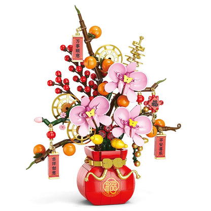 City Creativity Flower Bouquet Peach Blossom Narcissus Bonsai Potted Plant Building Blocks Model Home Decoration Toy For Kids