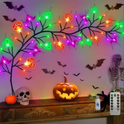 1.8m Halloween Black Willow Vine LED String Lights – 54 LEDs with Bat, Spider & Pumpkin Decor | Spooky Indoor/Outdoor Lighting