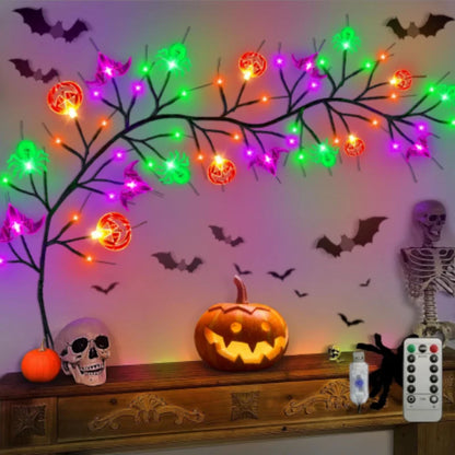 1.8m Halloween Black Willow Vine LED String Lights – 54 LEDs with Bat, Spider & Pumpkin Decor | Spooky Indoor/Outdoor Lighting