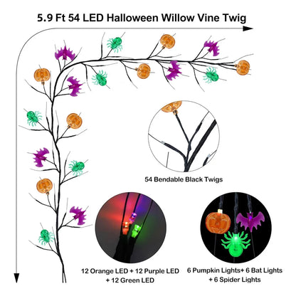 1.8m Halloween Black Willow Vine LED String Lights – 54 LEDs with Bat, Spider & Pumpkin Decor | Spooky Indoor/Outdoor Lighting
