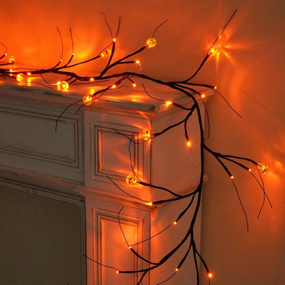 Halloween Black Willow Vine Garland – 8-Mode LED String Lights with Bats & Auto Timer
